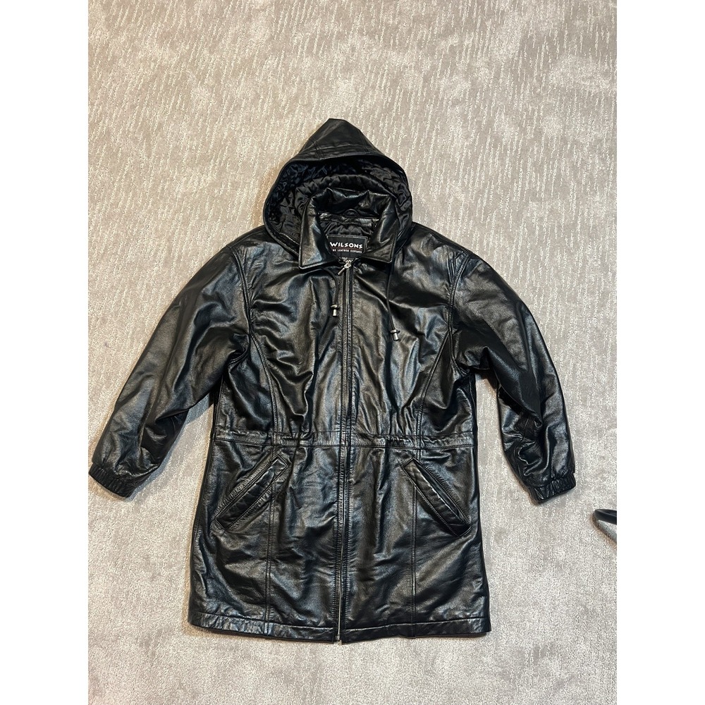 Vintage Wilsons Leather Black Leather Hooded Bomber Jacket Coat Size M